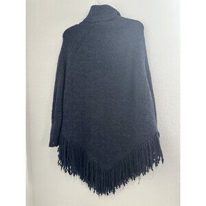 Cecico‎ Knit Sweater Poncho S/M Blue 25% Wool Raglan L/S Fringe Boho Peasant